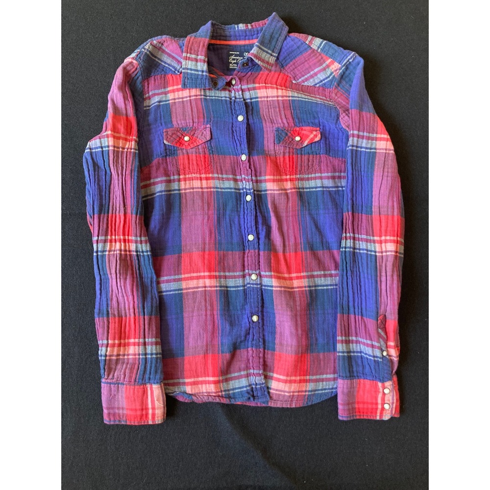 American Eagle Outfitters Favorite Fit Purple Plaid Western Snap Shirt Womens XL